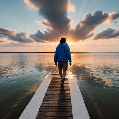 Raw hdr photo of jesus christ, backview, full body, ((walking above water)) at sunrise, beach, majestic, inspiring, disquieting, intricate high details, (water reflections), focus, togue, mantle, beard, (hair blowing in the wind), dramatic light, ((sun rays in a blue sky)), clear sky,  (hyper realistic:1.2), (high detailed skin:1.2), 8k uhd, dslr, high quality, film grain, Fujifilm XT3,  epiCRealism