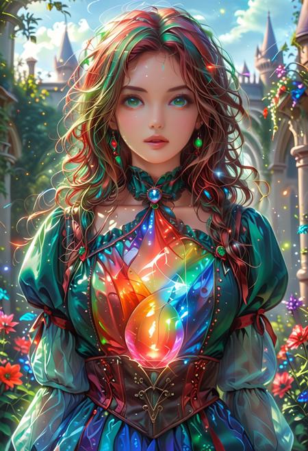 Mystic Lumina, (red:1.3), (green:1.7), (blue:1.3), gothic palace, female, brown hair, hour glass figure, colorful Victorian dress, high detail, perfect face, 28 years old, colorful garden, fully dressed,
