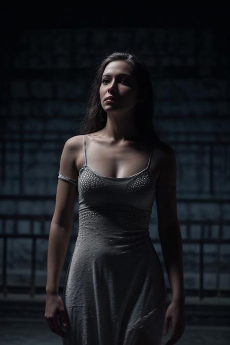 low key, dark studio, very naturally beautiful face, very beautiful intensive eyes, wearing only a very classical oldschool nightdress, she performs a very emotional and passionate expression dance in style from Pina Bausch wuppertal dance company, on a lonely theater stage, sexy young beautiful model , highly contrentaed to the classical music, Dewy skin with completeley no makeup, single braid black hair , Silver beaded bracelet, shot with arri studio camera, light_particles, cinematic, dynamic_angle,