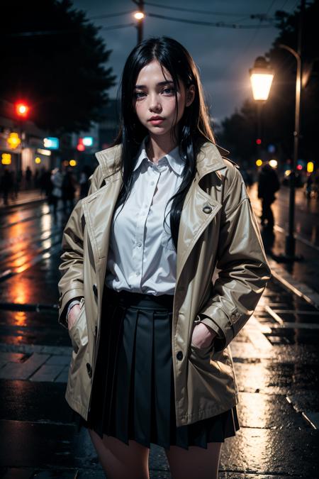 NSFW, 8k,highres, 1girl, outdoors, street light, front light,night, raining, wet, coat, pleated skirt , shirt, black hair, long hair,hands in the pocket,