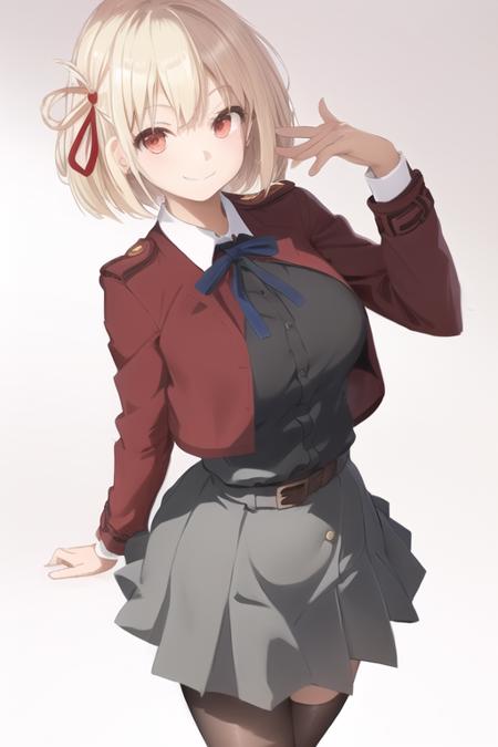 <lora:Chisato:0.7>, smile, 1girl, solo, ribbon, gradient_background, gradient, smile, neck_ribbon, skirt, school_uniform, looking_at_viewer, black_legwear, hair_ribbon, blonde_hair, red_jacket, looking at viewer, masterpiece, best quality,