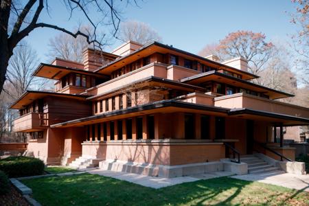 Raw photo of a frank lloyd wright style house, surrounded by a city park <lora:Frank_Lloyd_Wright_Style_Architecture:1.3>