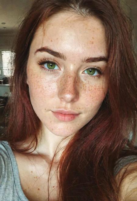 Instagram selfie, ((upper body)), high angle,  a 23 year old gorgeous woman, busty, slight smirk, detailed skin face and eyes, natural lighting, at home, long hair, low contrast, natural face, freckles, dark red hair, green eyes