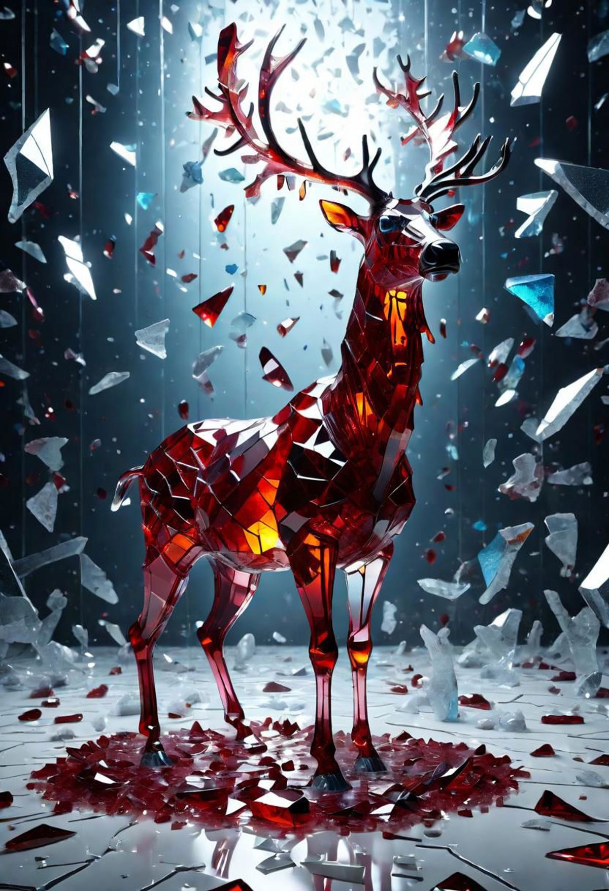 A Red Deer with Antlers Standing in a Glass Shards Environment