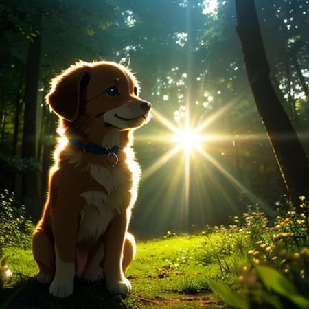 (best quality: 1.2), (masterpiece: 1.2), (realistic: 1.2),  closeup photo, a very cute jumping puppy in the forest, soft volumetric lights, (looking at the viewer: 1.3), (backlit:1.3), (cinematic:1.2), intricate details, masterpiece