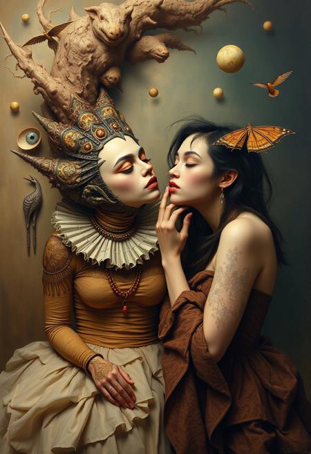 Dreamlike surreal painting, natural earth tones, Madame X and artist in whispered conversation, fantastical elements, bizarre scenes, browns and beiges, muted colors, candid documentary style, intimate moment.