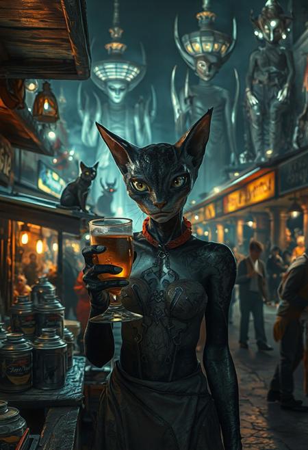 Setting is an extraterrestrial alien street market at night in a city of an extremely advanced extraterrestrial civilization, ((all writing is in an alien script)), ((all lighting is exotic and of an extremely advanced technology.,  the market is comprised of street vendors selling food, exotic technological wonders, and alien clothing. The extraterrestrial beings have a variety of appearances (some are human-like, others are insectoid or feline or canine or reptilian, they are wearing a variety of clothing are walking through the street market shopping and eating, A black cat with red collar sits on a nearby wooden roof at a market kiosk. Behind the a kiosk counter are containers of exotic goods, (((a beautiful alien anthropogenic cat-like being, 24 years old, is standing in the foreground facing the viewer with a glowing metal goblet of beer in her paw/hand. Her eyes are beautiful and focused on the viewer, she has an expression of interested curiosity))), the being is dressed in exotic style clothing of a completely exotic aesthetic. Enormous metallic statues and temples are visible in the background and around the scene and smaller statues are prevalent in the market, Epic image that elicits a feeling of wonder and awe, (((many types of aliens are walking around the market)))