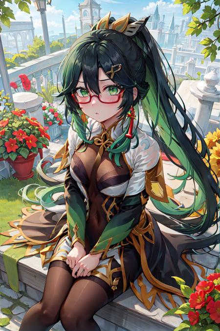 masterpiece, best image, 1girl, solo, <lora:CloudRetainerAnother2:0.75>, 
cloud retainer \(genshin impact\), glasses, ponytail, long hair, (black hair & green hair & multi-coloured hair), hair ornament,
outdoors, garden, sky, sunlight, blue sky, sitting, flower, from above