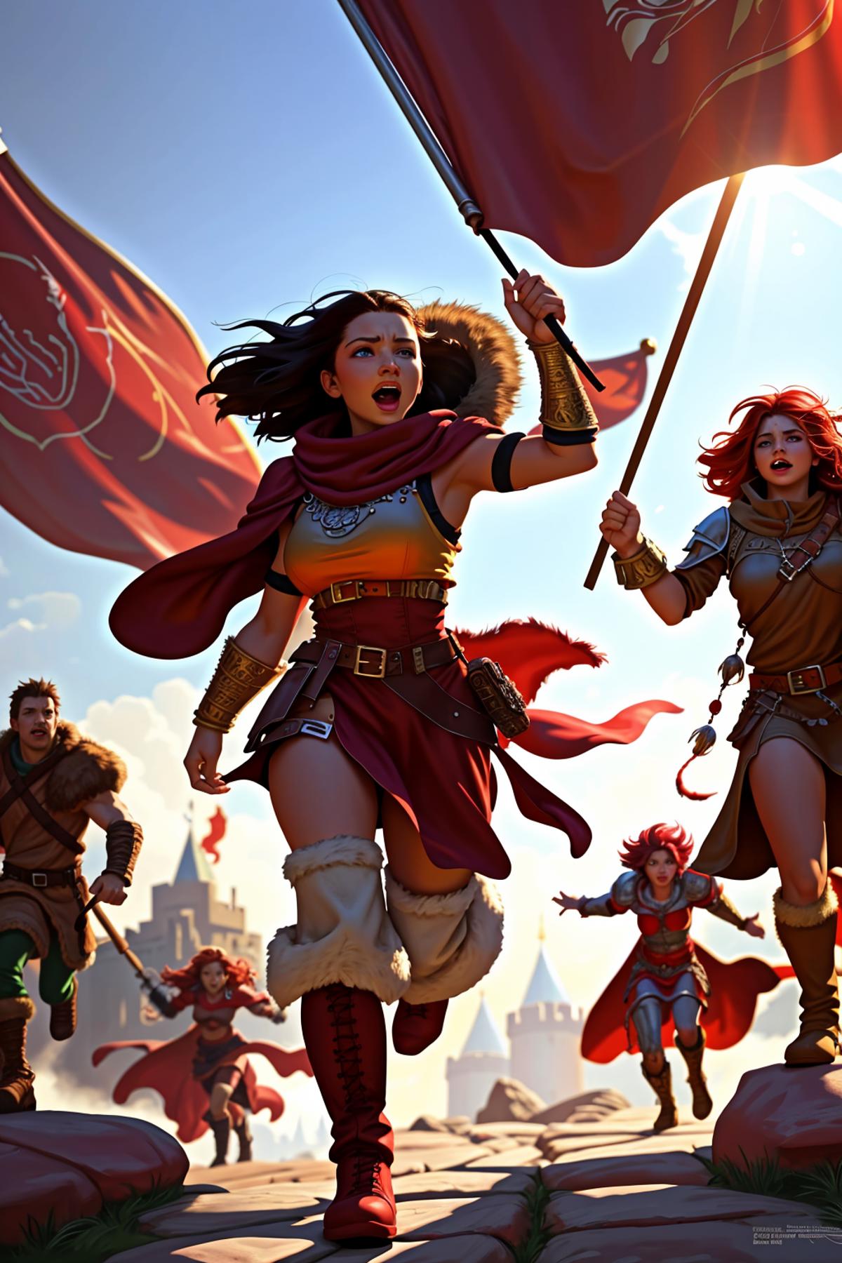 A group of warriors in a fantasy setting, with one woman holding a flag.