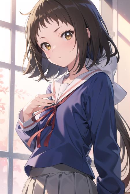 mashiromitsumine, <lyco:mashiromitsumine-lyco-nochekaiser:1>,
mashiro mitsumine, (brown eyes:1.5), brown hair, ponytail, (flat chest:1.2),
BREAK grey skirt, long sleeves, neck ribbon, red ribbon, ribbon, sailor collar, school uniform, skirt, white sailor collar, (blue shirt:1.5),
BREAK looking at viewer, full body,
BREAK indoors, classroom,
BREAK <lyco:GoodHands-beta2:1>, (masterpiece:1.2), best quality, high resolution, unity 8k wallpaper, (illustration:0.8), (beautiful detailed eyes:1.6), extremely detailed face, perfect lighting, extremely detailed CG, (perfect hands, perfect anatomy),