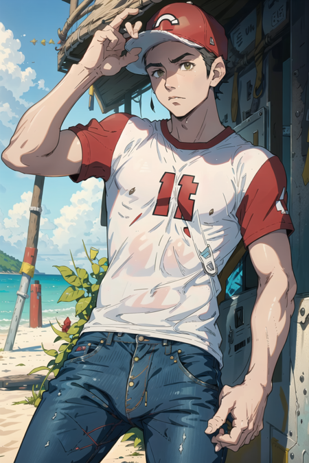 masterpiece, best quality, <lora:AdultRedLora:0.7>, red \(pokemon\), solo, 1boy, yellow shoulder bag, white shirt, red hat, jeans, serious, beach, hand on headwear, red sleeves, baseball cap,