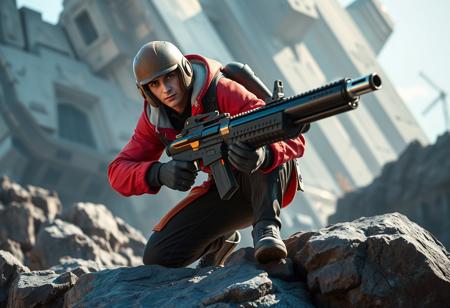 Cinematic Photorealism: A highly realistic cinematic photograph of a male cosplayer embodying an Overwatch character. He wears a vibrant red jacket and black pants. A detailed brown helmet covers his head. He is actively crouching on a rugged, rocky outcropping, holding a large, formidable black gun with a gleaming silver barrel, poised for immediate action. The background features a massive, imposing structure hinting at an iconic game location. The lighting is dramatic, casting sharp shadows and highlighting textures. His pose conveys alertness and readiness. The image captures the intensity and adventure of the game world. High-res, 4K, Exceptional Quality, More Detail, Lifelike Details, Super Detailed Face and Eyes and Clothes, Handcrafted with Precision, High Quality, Sharp Lines and Brush Strokes, Stunning Colors, Harmonious Colors, Multi Colored, Contemporary Aesthetics, Beautiful Matte Painting, Impeccable Composition, Creative Angle, Attractive Background, Balanced Editing, Intentional Focus, Well-timed Moment, Isometric, Dynamic Action Pose, Captivating Lighting, Grammer Effect Style, Splash Ink Illustration, Octane Render, Unreal Engine 5, Raphael Style, Houdini Style, Vivid Emotions, Joyful Impact, Powerful Message, Beautiful Detailed Eyes, CGSociety, Artstation Trending on ArtstationHQ, Golden Ratio.