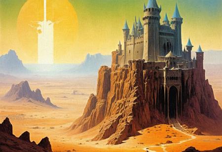 grainy, noise, 1970s dark fantasy book cover paper art dungeons and dragons style, masterpiece, (high quality:1.1) BRAKE, a castle made of glass, in the desert
