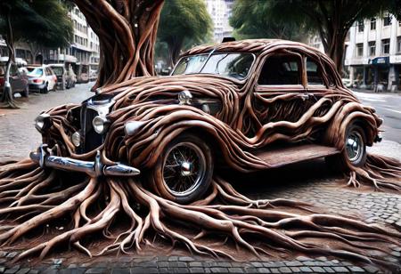morph-treeroots , vintage car,polished chrome details,classic style design,in city,photography<lora:tree roots_0_100_V1-000008:1>