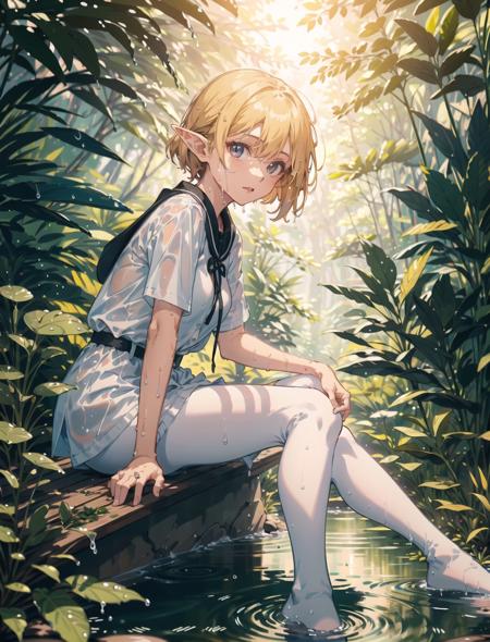 an extremely delicate and beautiful girl, 8k wallpaper, masterpiece,Cinematic Lighting, best quality,Illustration,detailed face depiction,(strong lighting:1.5),sunlight,hard lighting,elf,white pantyhose, foot focus,(( wet clothes:1.2)), river, sitting, forest,