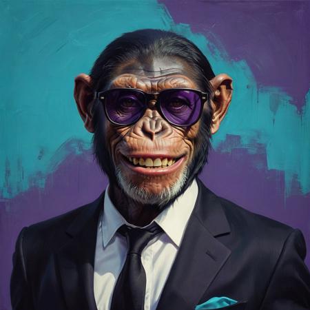 closeup portrait of a chimp wearing black suit, highly detailed, evocative, high contrast, purple and turquoise color blocks as the background, retro style sunglasses, smile face