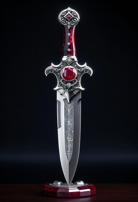 SilverPulse, a dagger on a wooden decorative holder, silver blade with engravings, ruby and diamonds inlaid  in a silver handle,  intricate, hyper-detailed, professional photoshoot, ultra-sharp, vivid colors, dark lighting, 50mm lens,