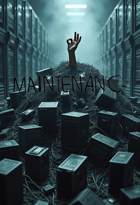A highly detailed image of a huge pile of broken computer and servers with the text "MAINTENANCE" written on top. servers are destroyed ,in the background we can see a server room in smoke, a hand rise from the debris, (((doing a okay sign)))