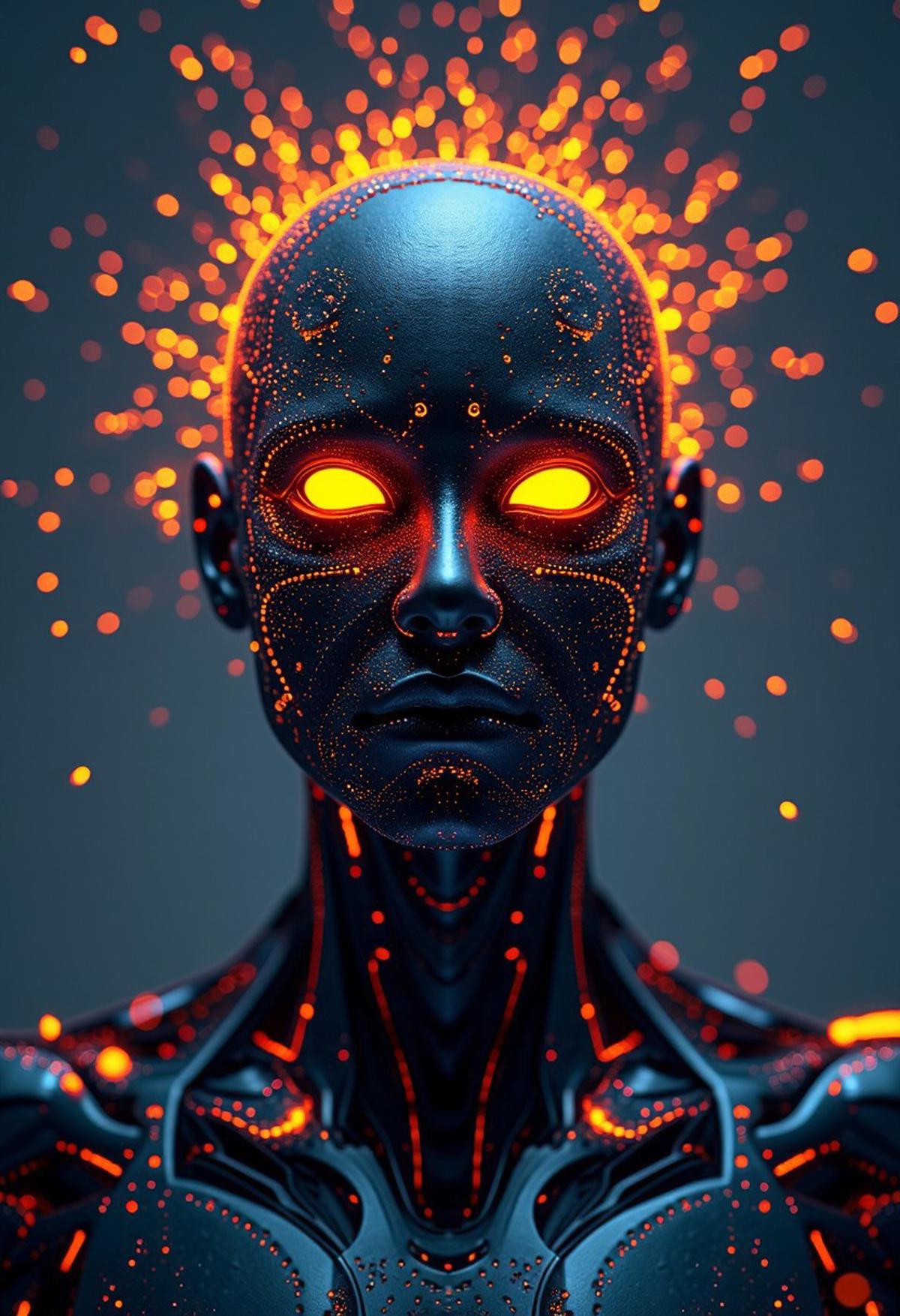 Design a 4k poster featuring a cyborg theme with a detailed front view headshot of a cyborg short-circuiting with sparks flying everywhere, --q 200 --glitch 500.