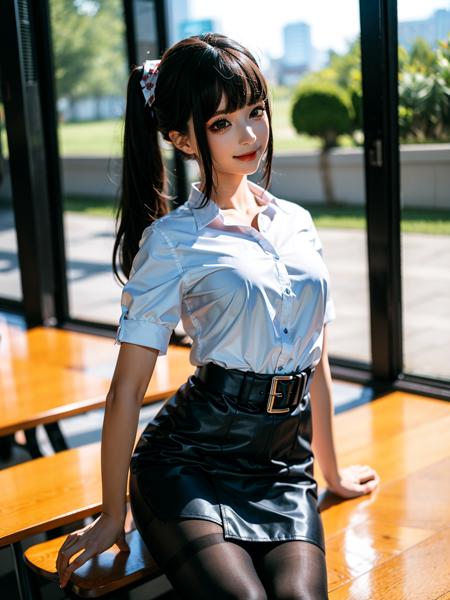 <lora:chunmmfullbody_v1:0.8>, (white shirt:1.1), microskirt, (sheath skirt:1.1), (pantyhose:1.2), corset, chunmomo, 1girl, solo, realistic, looking at viewer, smile, blurry, black eyes, black hair, bangs, long hair, day, blunt bangs, ponytail, soft light, 8K, ultra high resolution, ultra-detailed, photorealistic, an extremely delicate and beautiful, standing caffe, crossed legs, high heels