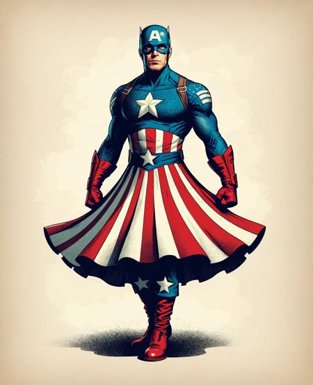 Captain America, superhero , Marvel Comics, 
vector, illustration, flat shading, grainy texture, grain
Minimalist vector graphic style illustration,beautiful and dreamy,inspired by Tim Burton's cartoon,
man with dance skirt 'tutu', dress
<lora:grainy-v1:0.7>