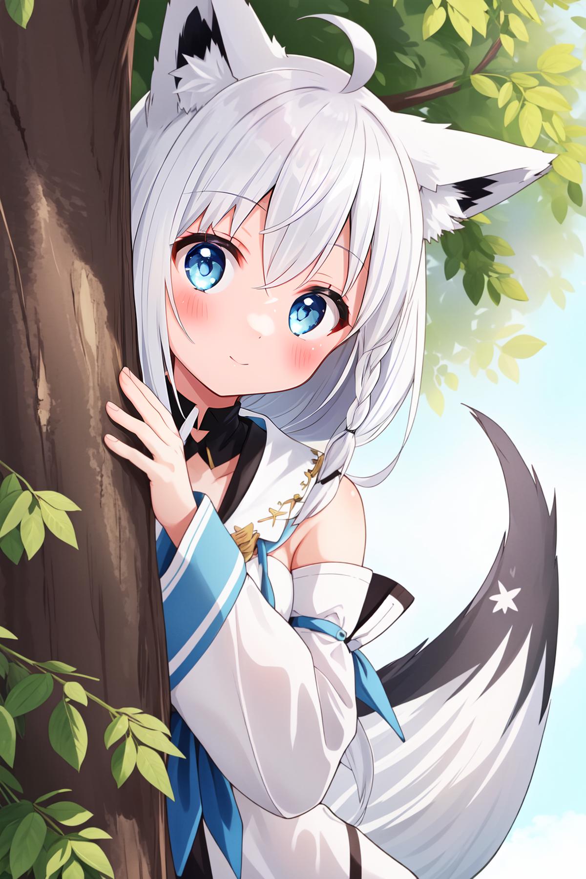 A White and Blue Anime Character Posing for a Picture with a Tree Trunk.
