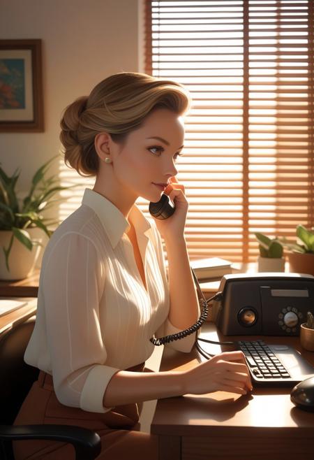 A middle shot of a woman seated at her home office desk, surrounded by an array of carefully arranged items. She is dressed in a casual yet professional blouse, with her hair pulled back neatly. On the desk are a vintage landline phone, an open laptop, and a wireless mouse, all lit by the natural light streaming through partially open venetian blinds. The soft sunlight creates intricate patterns on the minimalist walls, lending the scene warmth and depth. She is looking directly at the viewer, her expression one of approachable focus and confidence, capturing the essence of a productive yet welcoming workspace. dolllie