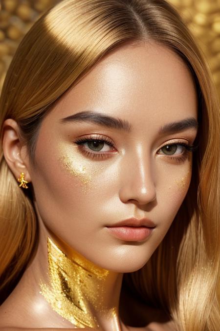 a superb woman's face made entirely of gold, high detail, hard shadows