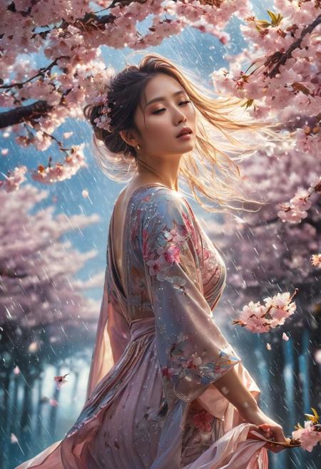 Beautiful women with long hair, 
look into the camera, 
in the cherry blossom rain, 
art by Ryohei Hase, 
dress is flying in the wind, 
full body, 
intricate details, 
liquid structure, 
clear lines, 
stunning, 
something that even doesn't exist, 
mythical being, 
energy, 
molecular, 
textures, 
iridescent and luminescent scales, 
breathtaking beauty, 
pure perfection, 
divine presence, 
unforgettable, 
impressive, 
breathtaking beauty, 
Volumetric light, 
auras, 
rays, 
Miki Asai Macro photography, 
close-up, 
hyper detailed, 
trending on artstation, 
sharp focus, 
studio photo, 
intricate details, 
highly detailed, 
by greg rutkowski