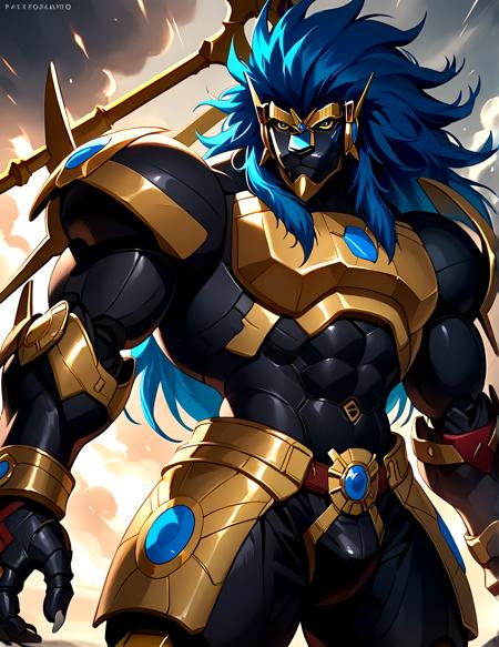 Apollomon Whispered muscular blue mane black lion armor Digimon long hair robot cyborg mecha