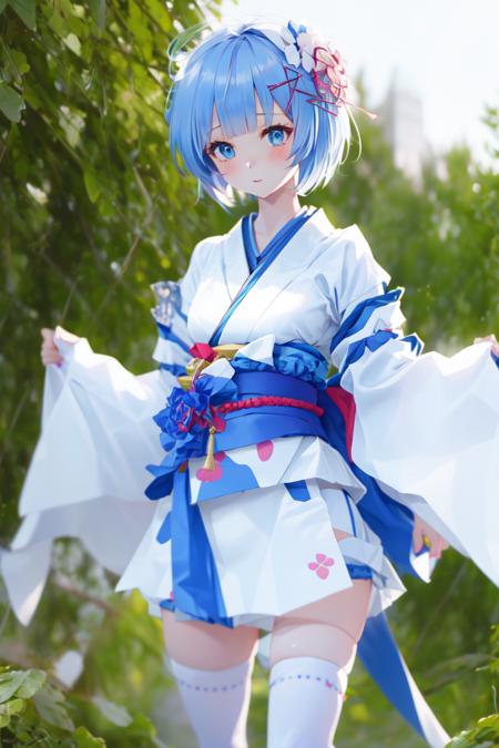 masterpiece, best quality,
solo,blush,
above the thighs,
1girl,rem,blue hair,japanese clothes,thighhighs,hair ornament, hair flower, 
standing,
simple background,
 <lora:Rem_v1:1>