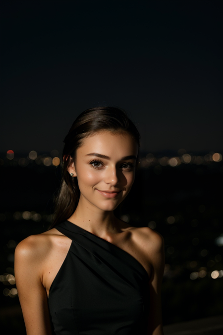 PaigeBonvallet2, photography by (Rodney Smith:1.3), ((face focus, shoulders)), (business dress, facing viewer, blurry background, bokeh, ID photo:1.3), night, hills above Los Angeles, lights in valley below, smile, <lora:nighttime_v1:0.8>