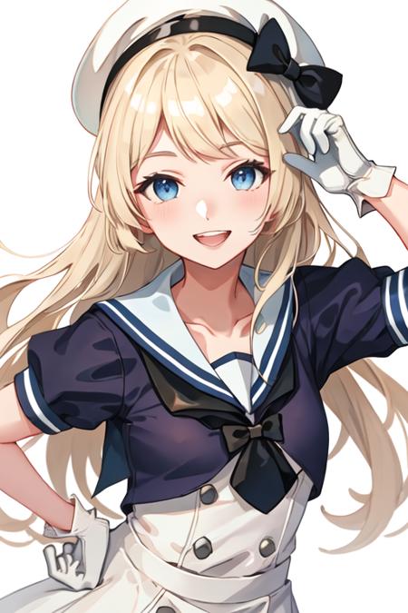 best quality, masterpiece, highres, solo, {jervis_kantaicollection:1.15}, blonde_hair, long_hair, blue_eyes, hat, white_headwear, sailor_hat, smile, open_mouth, 1girl, blue_sailor_collar, dress, gloves, looking_at_viewer, sailor_collar, sailor_dress, short_sleeves, teeth, upper_teeth_only, white_dress, white_gloves, round_teeth, white_background, upper_body