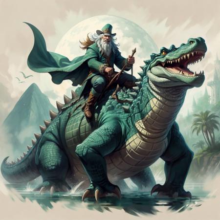 a wizard riding a giant crocodile <lora:riding_a:0.7>