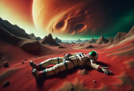 DonMN1gh7XL, landscape, alien planet, inhospitable, beige yellow rocky terrain, red-green sky, dust clouds. Mummified human body in spacesuits lying in the center of the image, realistic, hyper-detailed, vivid colors, sensation of movement