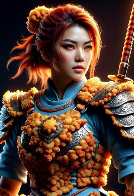 Ultrarealistic. sharp focus, dynamic lighting. play of light, Raytracing, Ultra detailed. (((DFC Style))). A beautiful female samurai warrior wearing an armor made of deep fried & crispy breading. Katana in hand. Cowboy shot. Make up.