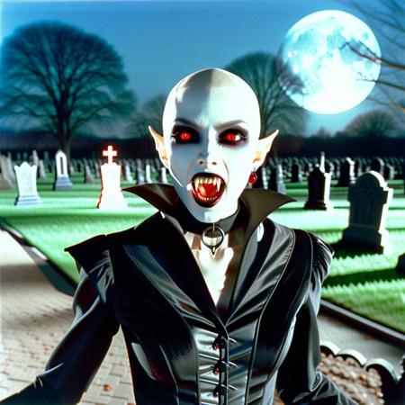 Vampyfangs1. a film still photo. 35mm. 4k. From a 2003 movie. A Nosferatu vampire man is showing off her fangs, he is walking around a graveyard. Night. Full moon. Red eyes. Bald. Pointy ears. Strigoi