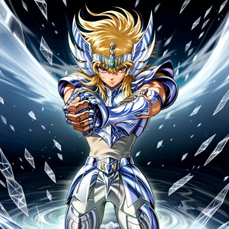 masterpiece, best quality, highres, solo, 1girl, saint seiya, fingerless gloves,medium breasts, pauldrons, outdoors,ice,energy ,<lora:more_details:0.8>,   <lora:hyogaV2:0.9>,hyoga,cygnus final