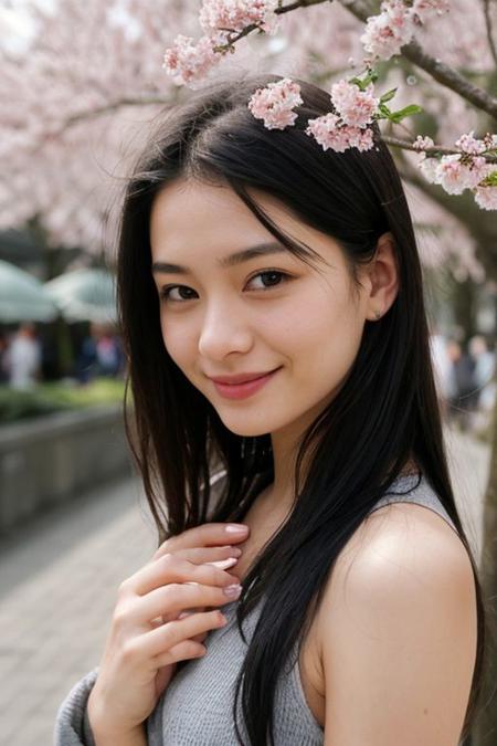 photograph of a cute girl, black hair, casual clothes of H&M, smiling, pale skin, blush, (topless:0.5), innocent, city spring festival, sakura petals in the air, Porta 160 color, shot on ARRI ALEXA 65, bokeh, sharp focus on subject, shot by Don McCullin, nsfw