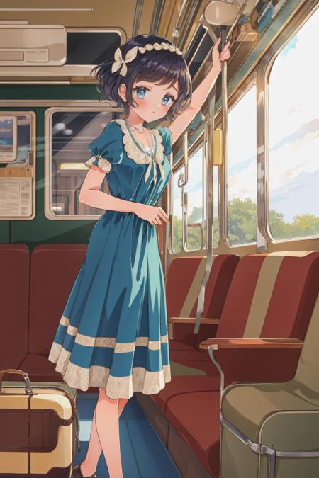 extremely detailed, nostalgic feel, BREAK 1girl, short curls, 1920s fashion, BREAK flapper dress, pearl necklace, BREAK train compartment, plush seats, window view of countryside, BREAK holding a vintage suitcase, timeless beauty, 
<lora:PinkTea:0.7>