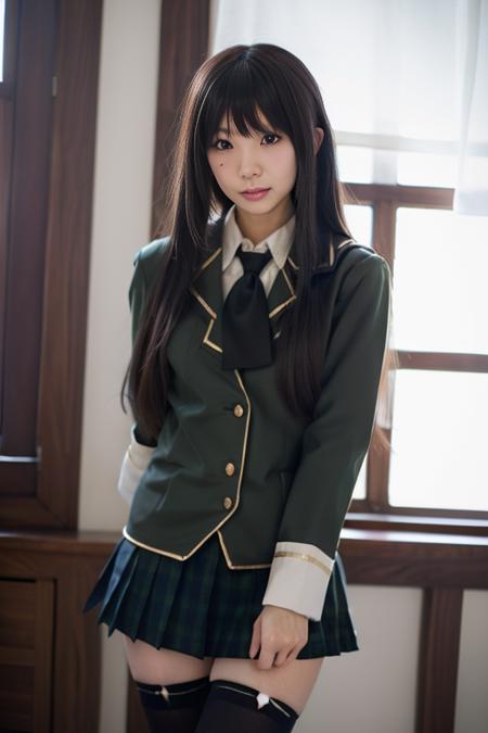 mikazuki yozora, 1girl, solo,cosplay,st. chronica academy school uniform,sidelocks, blazer, pleated skirt, plaid skirt, necktie, collared shirt,light brown shirt, wing collar,thighhighs, zettai ryouiki, hair ribbon, hair ornament,