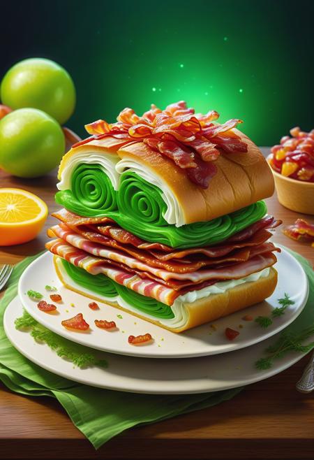 Bacon, Bacon, Bacon! absurdres, high resolution, detailed, Rating_Safe, a vibrant green bacon roll sits on the table, decorated with colorful decorations. The cane is made of crispy white bread and has been transformed into a classic dish for dessert. But instead of being simple yet elegant, figurativism art, character art by Bill Brauer, Rick Griffin, Surrealism, fantastic realism, dreamlike landscapes, symbolic imagery, <lora:Upgraders\Detail Tweaker XL:1.0>, <lora:Challenge\MMM_Bacon-000006:1.0>, <lora:SFW\SDXL FaeTastic Details:1.0>