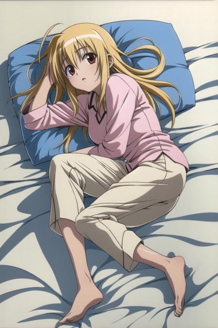 1girl, solo, masterpiece, best quality, absurdres, cute, ultra-detailed, (perfect anatomy, perfect hand), <lora:chiba_kirino-000100:0.6>, chiba kirino, long hair, lying, barefoot, bed, pajamas, stuffed bunny,