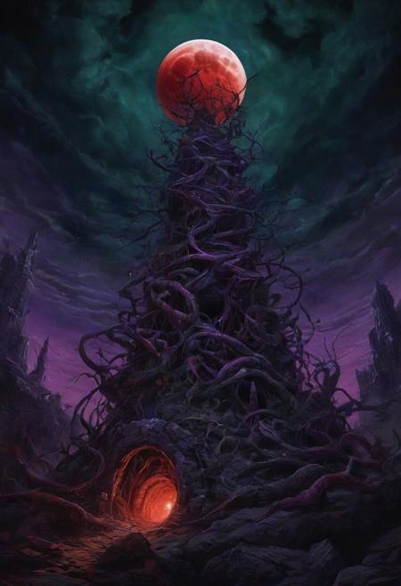 In the dimly lit chamber of cyclopean proportions, grotesque shadows danced upon the eldritch tapestries that adorned the walls, weaving a nightmarish symphony of indescribable horror. Sickly hues of otherworldly green and violet emanated from the blasphemous sigils etched into the ancient, crumbling stones, casting an eerie pallor upon the twisted forms that writhed in the abyssal darkness. The air hung heavy with an oppressive malevolence, as grotesque, tentacled monstrosities coiled around the pillars of the accursed altar, their gelatinous appendages reaching towards a forbidden cosmic portal. The tortured visages of half-formed abominations, suspended in a miasma of unfathomable dread, stared out from the mural, their eyes void of sanity in the presence of cosmic secrets too profound for mortal comprehension. A blood-red moon, swollen and malevolent, loomed in the alien sky, casting its baleful gaze upon a landscape where the boundaries between nightmare and reality dissolved into an indistinct, nightmarish tableau.