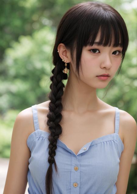 1girl, Japanese, ((contemptuous)), ((disdain)), earrings, black eyes, bangs, button shirt, ((sleeveless top)), mole, (sweat), (touch hair), RAW photo, best quality, masterpiece, ultra detailed, ultra high res, realistic, long shot,<lora:add_detail:0.4> <lora:JapaneseDollLikeness_v15:0.3>, 20 year old cute girl, petite, long tied hair with fringe, small nose, (perfect face), fair, bow string on hair, small face, collarbone, armpit