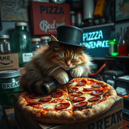 ((cute adorable and fluffy cat sleeping ontop of a pizza what rests ontop of a pizza box, cat is wearing a tophat)), mntnnc_md_plz_stand_by, fluffy wild kitty cat, NightScapes, pizza, neko, cat, feline, cheese strings, juicy, perfectly baked pizza, juicy pepperony pizza, cozy atmosphere, creative light overlay, 4k, masterpiece, (masterpiece), best quality, (4K), (cinematic lighting), highly detailed, 8K, UHD, ultra detailed, immersive picture, vivid colors, volumetric light, cinematic light, extremely detailed CG, clutter, thrash, cluttered shed, boxes labeled 'stuff', tangled cables, tools, batteries, charger, 18650 randomness, various objects, wall painting, low key, spot lighting, BREAK glass jars, green liquid, green glass, glass bottle, red liquid, backlit, sleeping neko cat, BREAK ((A screen with the following text written on it: PIZZA MAINTENANCE))