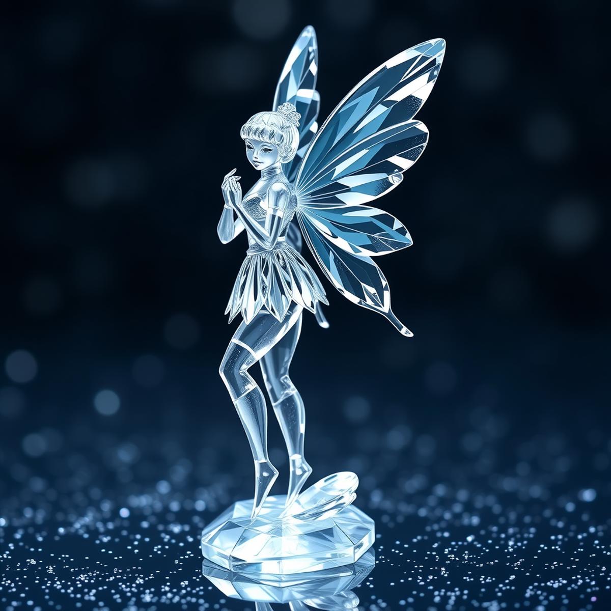 pamcrystal, beautiful fairy made of crystal,standing on a watersurface, dark glitter  background,highly detailed,masterpiece,high quality,