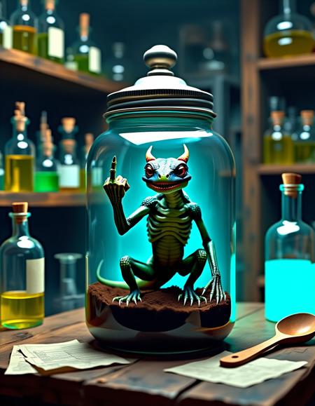 A high-resolution photograph featuring a surreal, horrific anthropomorphic reptilian creature inside a large, glass jar with a metal lid, a <blocked word> reptilian demonic creature looking untrustworthy, and it is looking at the viewer, and is depicted with one hand making a fist and raising his middle finger in frustration at the viewer.