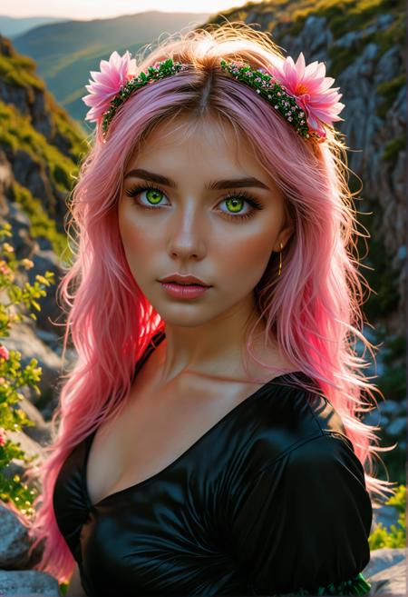 beautiful fluffy animal <lora:light_contour_sdxl:1.0>, pink eyes, green eyes, vibrant colors, perfect skin, enchanting radiance, glowing hair, volumetrics dtx, skin texture, black skirt, rocks, symmetrical, official wallpaper, glowing lights, 3D, selfie, golden eyes, hyperdetailed photography, alluring, flower, parted bangs
