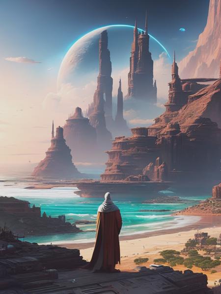 <lyco:StephanMartiniere:1.0> a man standing admiring the destruction of the planet Mandalore, the city of Mandalore ,Mandalor, in the style of anime and raphael lacoste, depicts real life, gabriel b, realistic yet ethereal, impressive panoramas, sana takeda, transcendent, in the style of intricate landscapes, kawacy, detailed marine views, saturno butto, Star Wars structures, photorealistic, octane render, ultrarealism, super detailed, neon white, 8k UHD